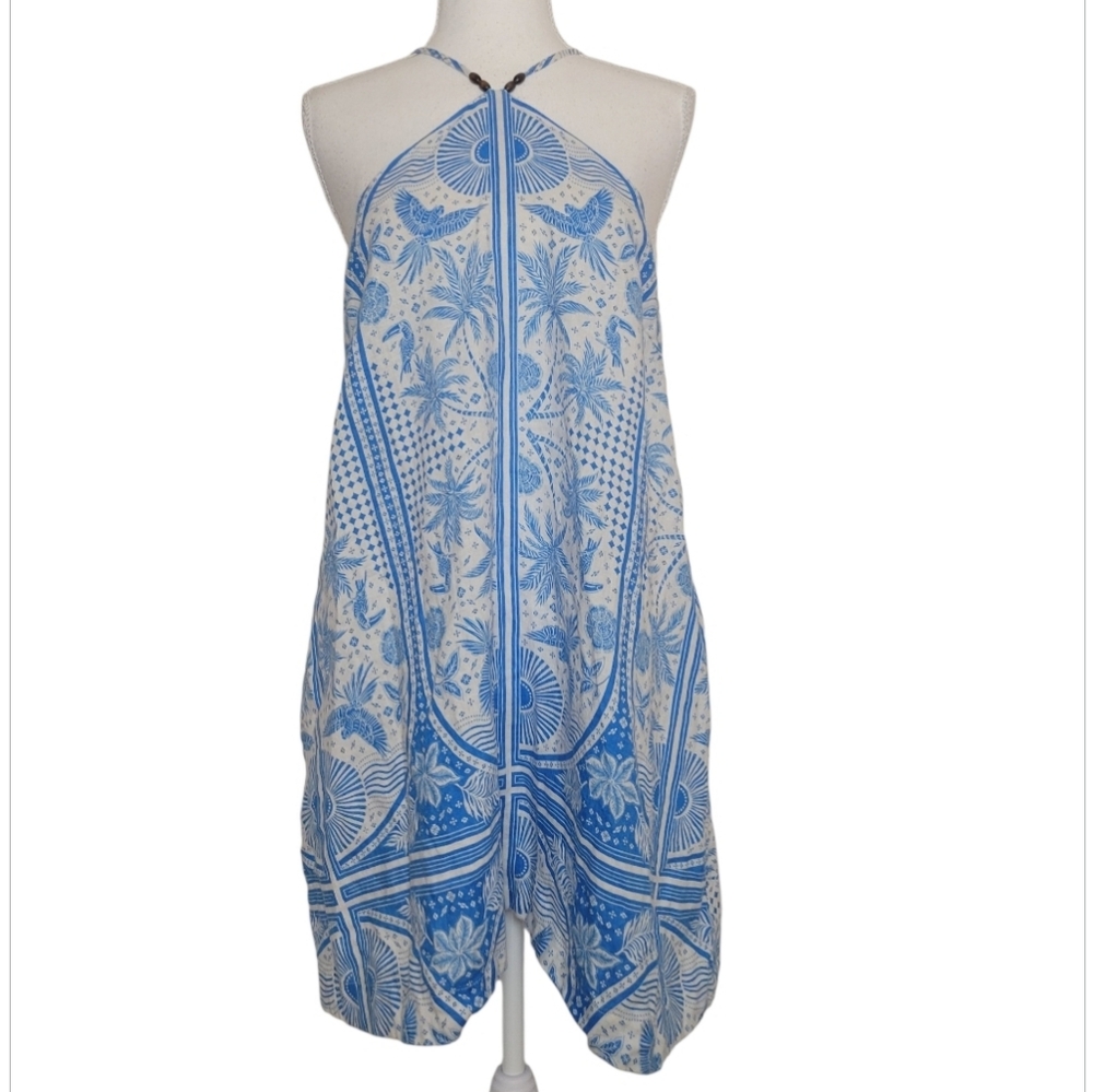 Rachel Zoe Linen Trapeze Mini Dress Birds Palm Trees Resort Bead Halter Neck LG